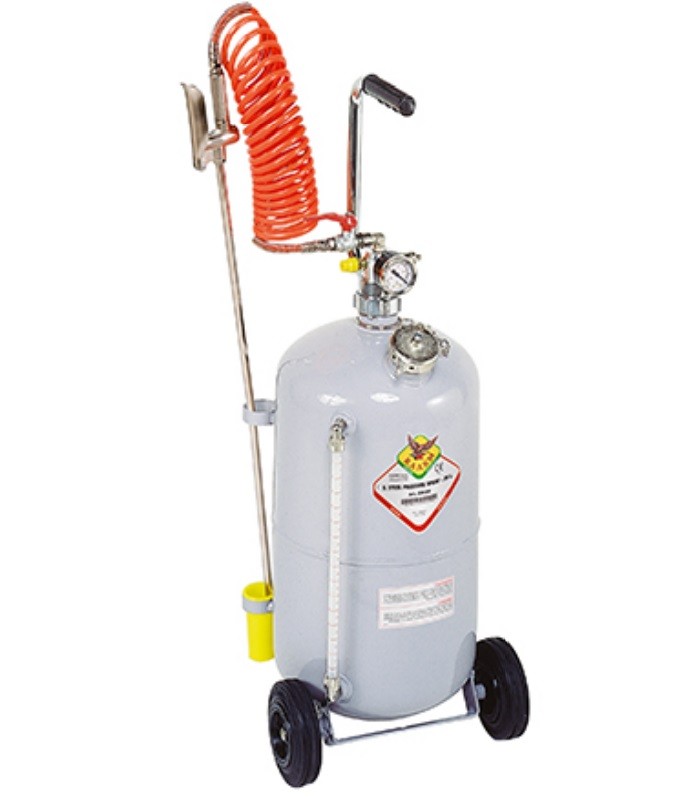 Wheel mounted AISI 304 painted stainless steel pressure sprayer with 24 litres tank and level gauge